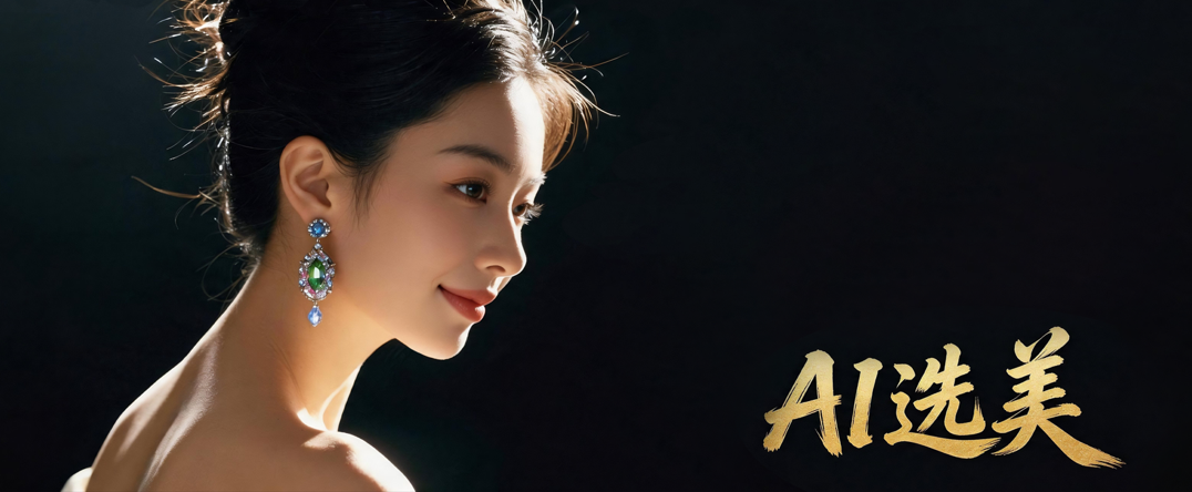 AI选美平台概念图,展示科技感与美学结合的虚拟界面,带有光影效果